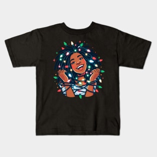 Locs Christmas Lights Black Woman Kids T-Shirt